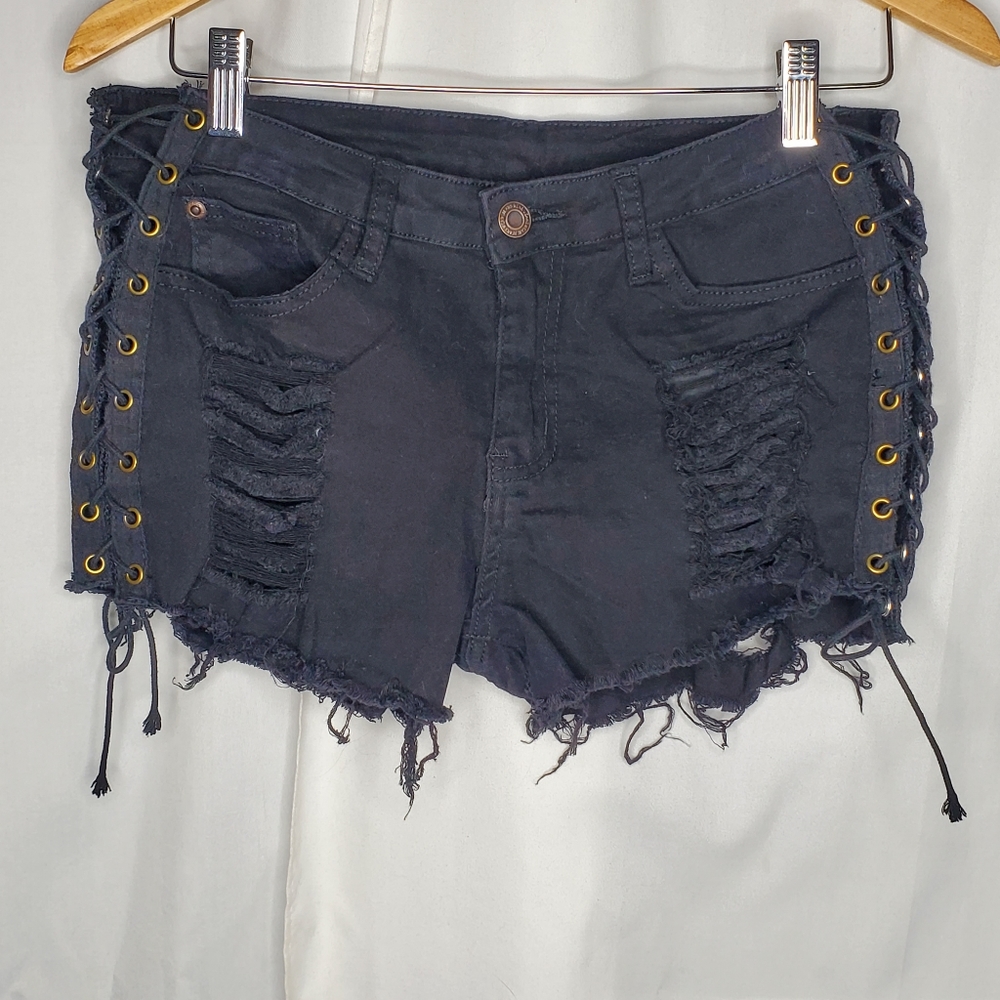 ♤ Jeans Brand Side Lace Up Black Denim Distressed Shorts Size Medium